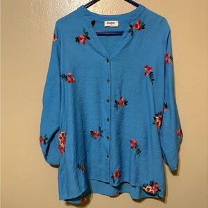 Kindred Blue Embroidered Floral Button-Down Shirt Size 2X